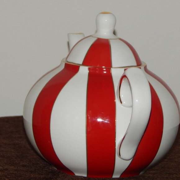 GRACE TEAWARE Fine Porcelain Teapot Holiday Carousel Red White Gold Stripes New - Picture 6 of 9